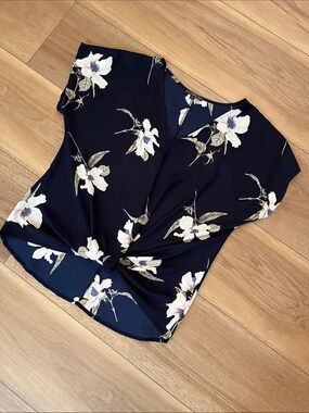 West Kei Navy Floral Twist-Front Blouse